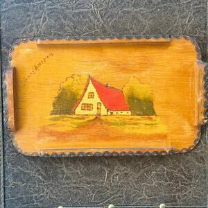 Vintage Hand-Painted Wooden Tray – Cottage Scene – 1940s